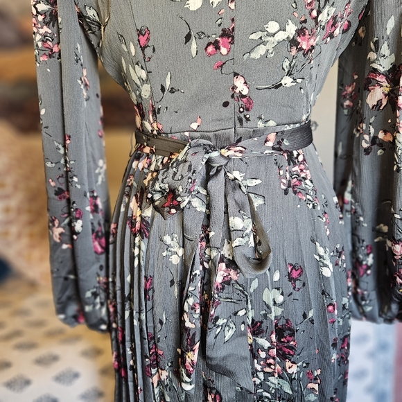 Adrianna Papell Teal Mauve Floral Printed Crinkle Long Sleeve Wrap Dress Size 4 - Picture 12 of 14